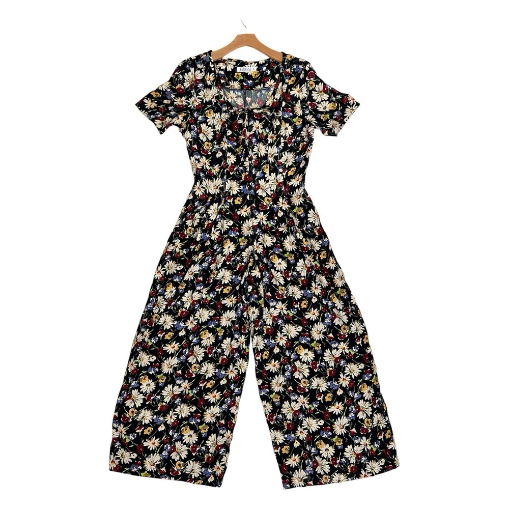 Vintage 90s RAMPAGE Floral Wide Leg Jumpsuit S/M Black Daisy Whimsigoth Grunge
